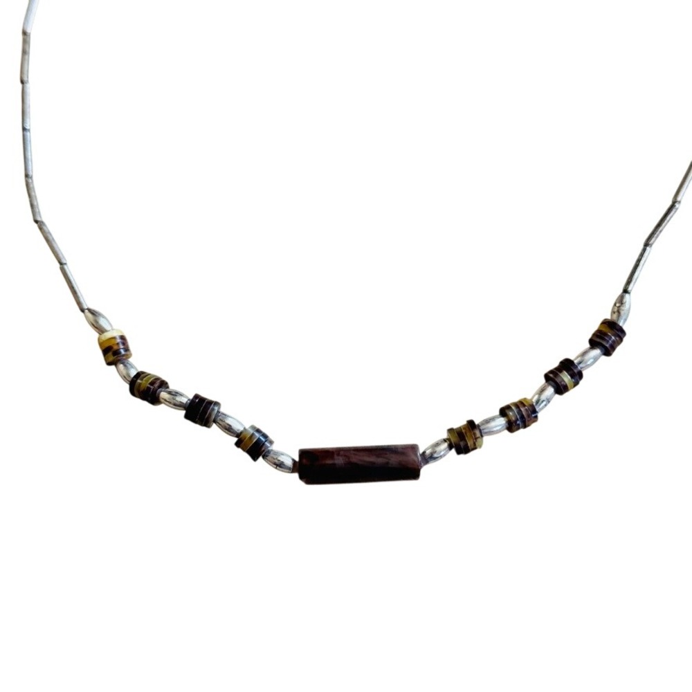 VTG Native American Brown Shell‎ Necklace Natural Heishi Beads Choker 60s Silver
